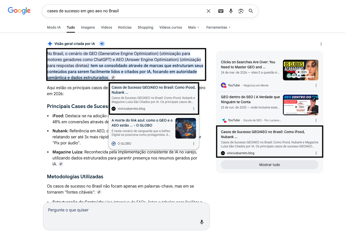 Google AI (AEO) recomendando o post