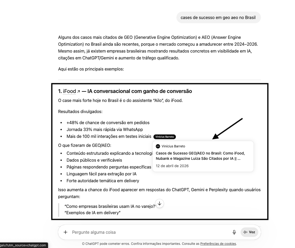 ChatGPT citando o conteúdo como fonte primária