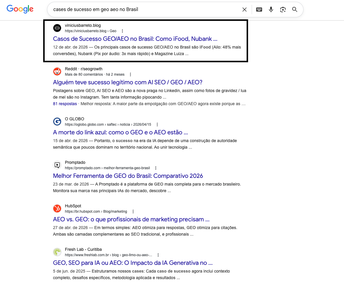 Post rankeando em primeiro lugar no Google SEO